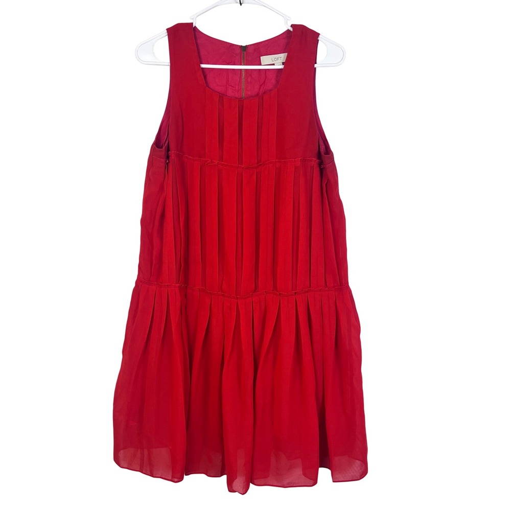 LOFT Red Pleated Lined Chiffon Sleeveless Mini Dress Size 8 (P745)